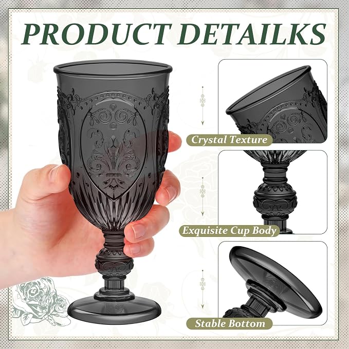 Wiwiqing 48 Pcs Plastic Goblets 7.5oz Vintage Goblet Plastic Wine Glasses Colored Retro Embossed Water Goblets for Wine Bar Juice Baby Shower Wedding Reception Grand Event Party (Black)
