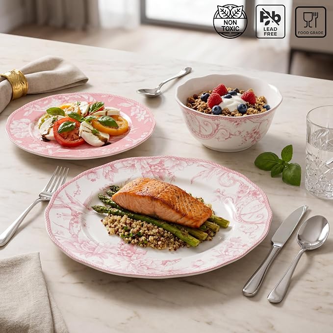 222 Fifth Adelaide Blush 12-Piece Pink Porcelain Dinnerware Set – Service for 4, Big Dinner Plates and Bowls Sets, White with Pink Floral Pattern, for Daily Entertainment, Microwave & Dishwasher Safe