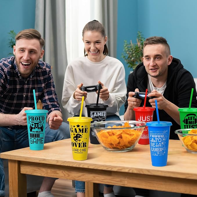 Kochorie 12 Pieces Video Game Plastic Cups 24 Ounces Gaming Party Cups with Lids and Straws Mixed Colors Video Game Tumbler Cups for Birthday Party Video Game Party Supplies Tableware