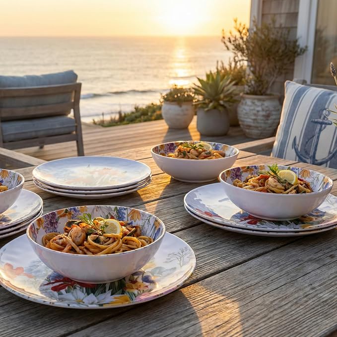 Melamine Dinnerware Sets 12 Pcs, Melamine Plates and Bowls,Party Plates and Bowls Sets, Camping Dishes Set for 4, Unbreakable, BPA Free, Dishwasher Safe（Colorful flowers）