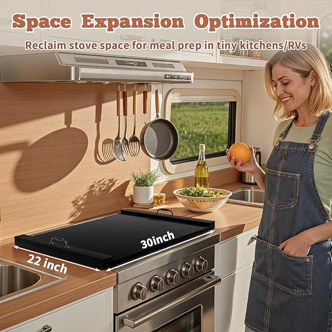Gas Stove Top Cover: Wooden 30 * 22 Inches Electric Stovetop Covers, Noodle Board with Handles, Wood RV Cutting Board for Kitchen Counter (Black)