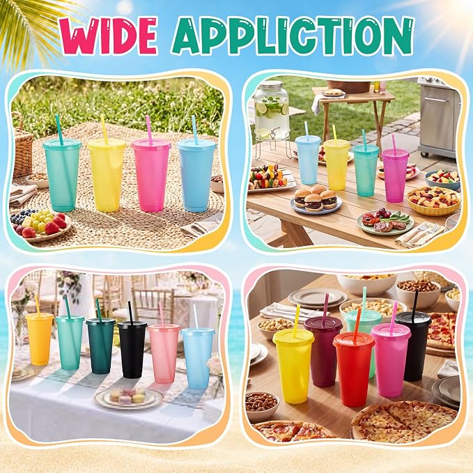 Honeydak 100 Pack Tumbler with Straw and Lid Bulk Cups for Gifts Glitter Plastic Coffee Cups 24-27 oz Reusable Water Bottle Iced Coffee Travel Mug Party Favors for Birthdays Travel (Assorted Color)