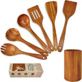 Brosisincorp Natural Teak Wood Spoons for Cooking with Holder 7 Pcs, Comfortable Grip Wooden Kitchen Utensils Set Scratch-Free Smooth Finish for Non-Stick Cookware