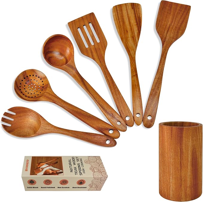 Brosisincorp Natural Teak Wood Spoons for Cooking with Holder 7 Pcs, Comfortable Grip Wooden Kitchen Utensils Set Scratch-Free Smooth Finish for Non-Stick Cookware