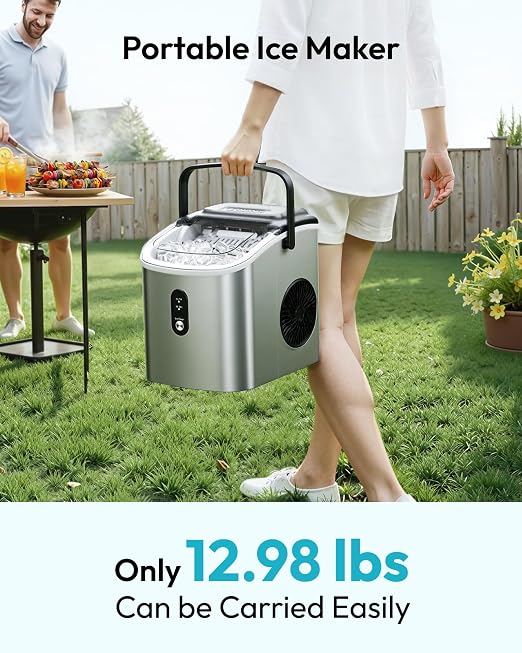 EUHOMY Countertop Ice Maker Machine with Handle, 26.3lbs Per Day, 9 Cubes in 6 Mins, Auto-Cleaning Portable Ice Maker with Basket and Scoop, for Home/Kitchen/Camping/RV (Silver)