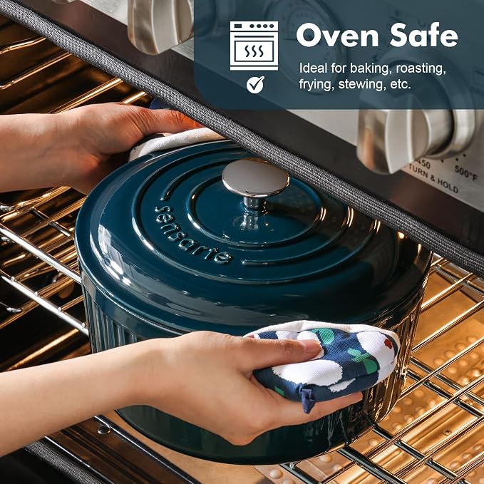 SENSARTE Enameled Cast Iron Dutch Oven Pot with Lid 3.5/5.5/6.5 Quart Heavy-Duty Round Dual Handles Kitchen Pot with Cotton Potholders & Silicone Trivet, Pot for Bread Baking, Stews, Braising, Roasting, Oven Safe, 6.5 Quart, Emerald Green