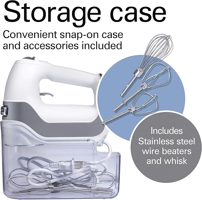 Hamilton Beach Professional 5-Speed Electric Hand Mixer | High-Performance DC Motor | Slow Start | Snap-On Storage Case | Stainless Steel Beaters & Whisk | White| 62652