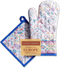 Maison d' Hermine 100% Cotton Oven Mitt & Pot Holder Set (7.5"x13" & 8"x8") Heat Resistant BBQ Cooking Gloves with Loop Baking Grilling Kitchen Gifts for Mothers Day Spring/Summer (Indian Floral)