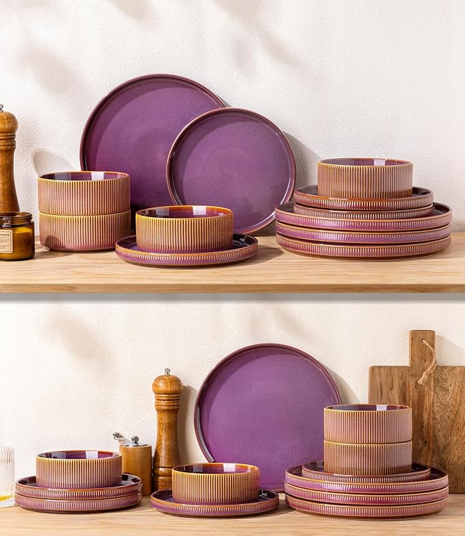 GBHOME 12-Piece Stoneware Dinnerware Set for 4 – Ribbed Ceramic Plates and Bowls, Scratch-Resistant, Microwave & Dishwasher Safe, Reactive Glaze,Purple Gradient