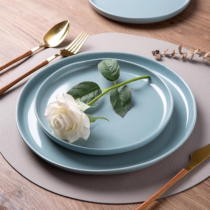 AmorArc Ceramic Dinnerware Sets for 4, 12 Pieces Handpainted Plates and Bowls Set with Rustic Terracotta Underside, Scratch Resistant Stoneware Dishes Set, Dishwasher & Microwave Safe, Stone Blue