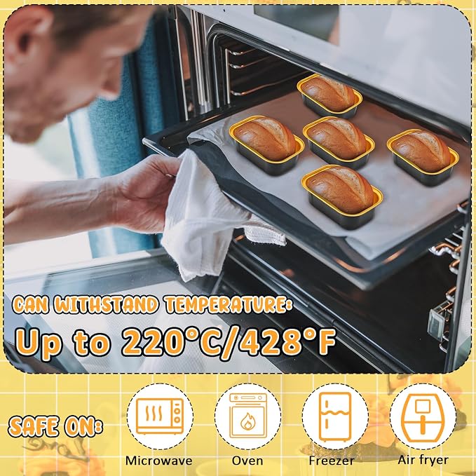 Vesici 100 Sets Mini Loaf Pans with Lids, 5.7 oz Disposable Aluminum Foil Baking Cups, Rectangle Cake Pans for Pudding Desserts Muffin Baking Storage Birthday Party(Black Gold)