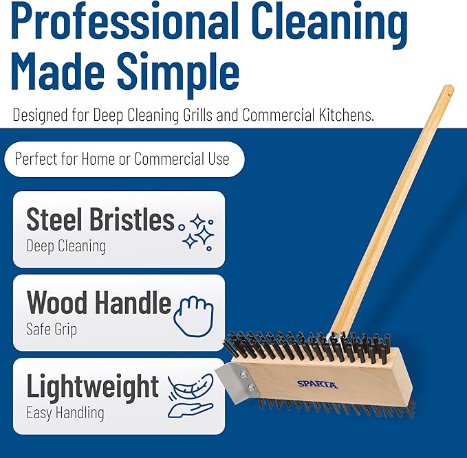 SPARTA 4002600 Stainless Steel Grill Brush, Grill Scraper With Long Handle For Commercial Cleaning, Kitchens, Restaurants, Bathrooms, 30 Inches, Brown, (Pack of 6)