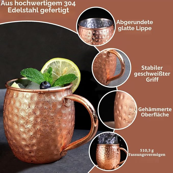 LINALL Moscow Mule Copper Mugs- Set of 2 Copper Plated Stainless Steel Mug 18oz, for Chilled Drinks (2 pcs)