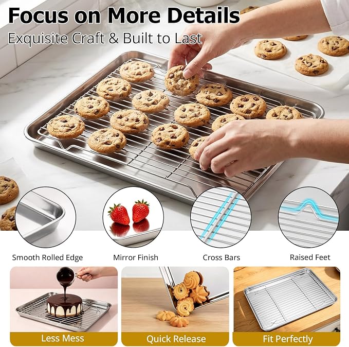 Onader Half Baking Sheet Pan with Rack Set, 18x13 Inch Stainless Steel Cookie Sheet with Cooling Rack, Nonstick Baking Pan for Oven, Nonstick & Rust Proof, 2 Pans + 2 Racks