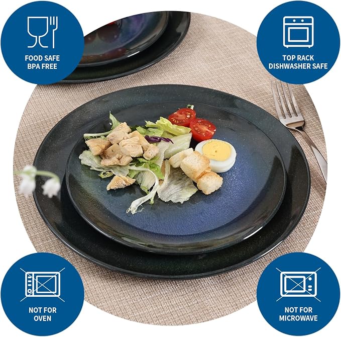 Melamine Dinnerware Set, 12pcs Plates and Bowls Set, Blue Dinner Dishes Set for Indoor and Outdoor, BPA-Free, Dishwasher Safe（Blue Cosmic）