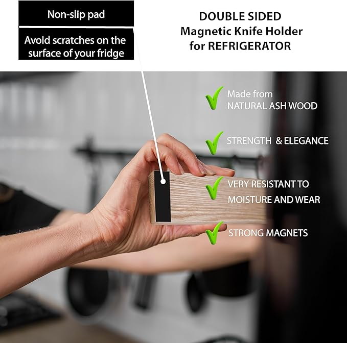 Premium Wood Magnetic Knife Holder for Refrigerator – 15 Inch Professional Double Sided Magnetic Knife Strip for Fridge - Ash Wooden Magnetic Knife Holder for Wall