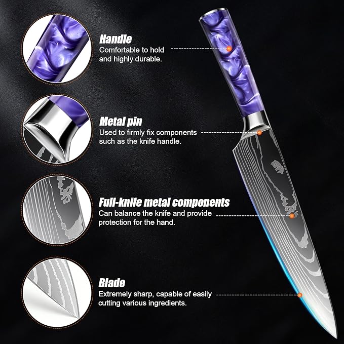 5-Piece Premium Japanese Kitchen Knife Set - Star Collection, Laser Damascus Pattern, 440A Stainless Steel Ultra Sharp for Fast Cutting (Purple 5A)