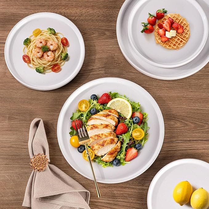 AmorArc Ceramic Dinnerware Set for 6 | Speckled Stoneware Plates and Bowls with Rustic Terracotta Underside| Scratch Resistant,Dishwasher & Microwave Safe Dishes Sets- 18pcs White