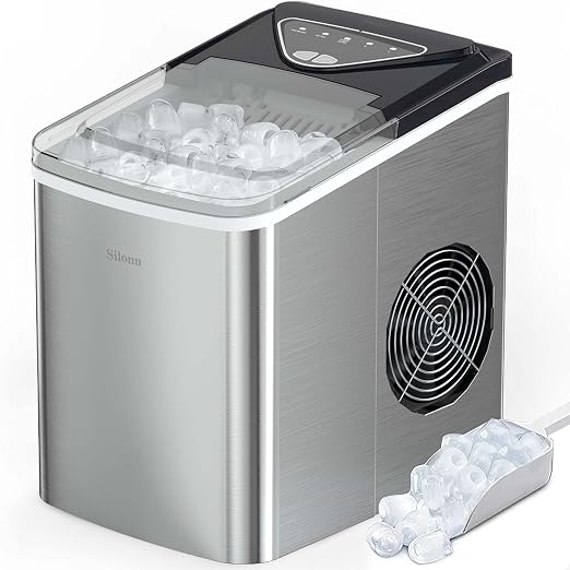 Silonn Ice Makers Countertop, 9 Cubes Ready in 6 Mins, 26lbs in 24Hrs, Self-Cleaning Ice Machine with Ice Scoop and Basket, 2 Sizes of Bullet Ice for Home Kitchen Office Bar Party