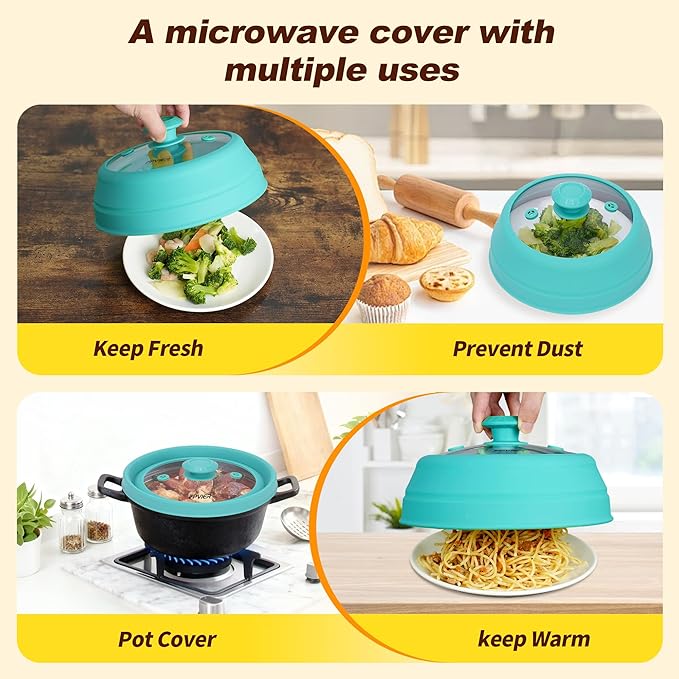 Microwave Splatter cover, Glass Microwave Cover for Food, Guard Lid with Collapsible Silicone for 6-8 inch Plates & Bowls, Dishwasher Safe, Heat Resistant, BPA-Free, 9 inch Blue