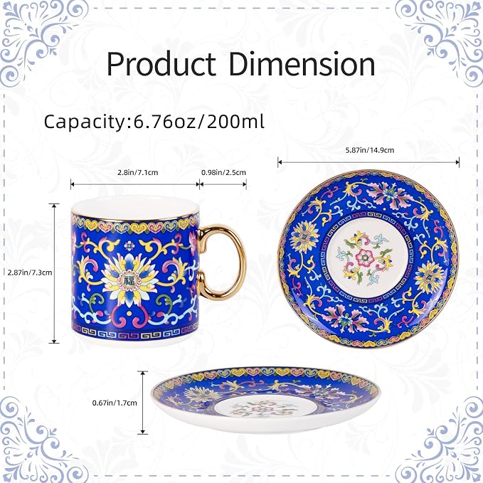 KAMMAK Tea Cups and Saucers Set of 2, Porcelain Coffee Cups, 7oz Stackable Espresso Mugs, Ceramic Demitasse for Coffee, Latte, Americano, Tea (639N+640N)