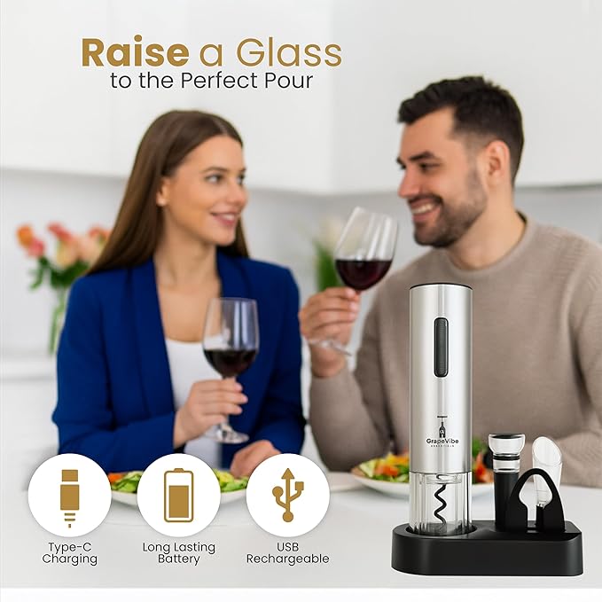 GrapeVibeEssentials 5-in-1 Electric Wine Opener Gift Set– Rechargeable Automatic Wine Bottle Opener with Charging Base, Foil Cutter, Aerator Pourer & Vacuum Stoppers