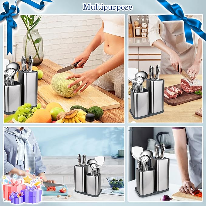 Universal Knife Block, Stainless Steel Universal Knife Holder Block Without Knives, Modern Kitchen Knife Storage Organizer for Countertop (with Cleaning Brush) (Stainless Steel/Silver)