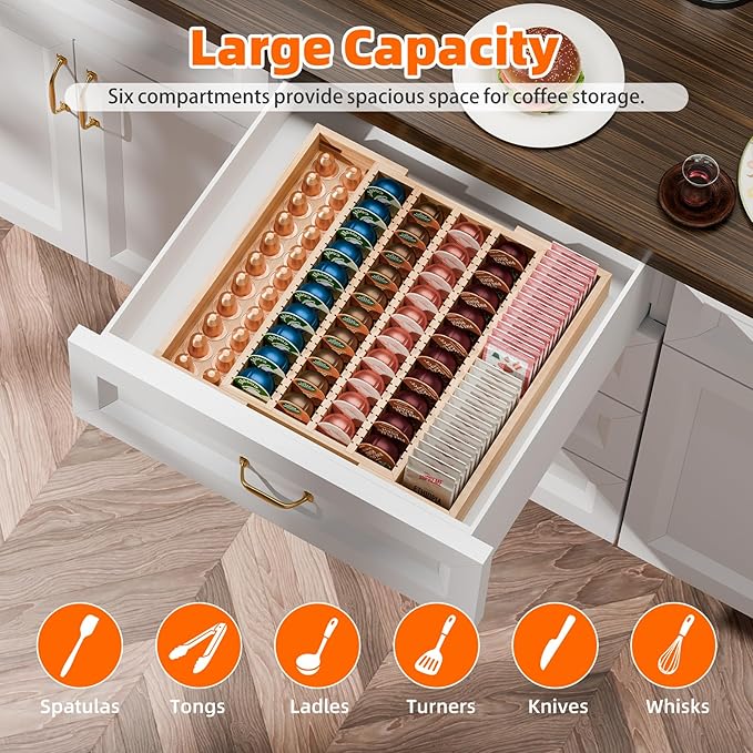 Simple Trending Bamboo Coffee Pod Holder Drawer Insert for Counter, Expandable K Cup Organizer Tea Bags Storage Compatible with Nespresso Vertuo Capsules, Natural