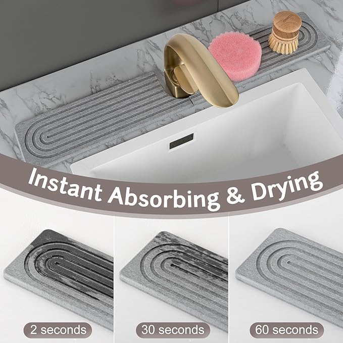 Fast Drying Stone Faucet Mat for Kitchen Sink, Diatomite Water Absorbing Stone Tray for Sink to Prevent Pooling, U-Shaped Stone Faucet Mat Fits Kitchens and Bathrooms