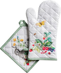 Maison d' Hermine 100% Cotton Oven Mitt & Pot Holder Set (7.5"x13" & 8"x8") Heat Resistant BBQ Cooking Gloves with Loop Baking Grilling Kitchen Gifts for Mothers Day Spring/Summer (Printemps)