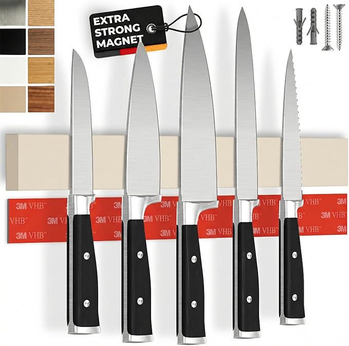 CUCINO Magnetic Knife Holder for wall, 16" no drilling required, includes self-adhesive tape, extra strong for holding knives – Awarded magnet strip – Beige Rubber