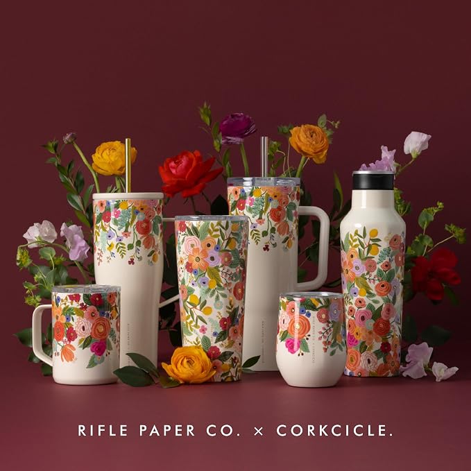 Corkcicle x Rifle Paper Co. Cruiser Insulated Tumbler with Handle & Straw - Keeps Drinks Cold 20 Hours - BPA-Free - Gift for Mom - Great for Mother's Day or Christmas - 40 oz - Garden Party Cream