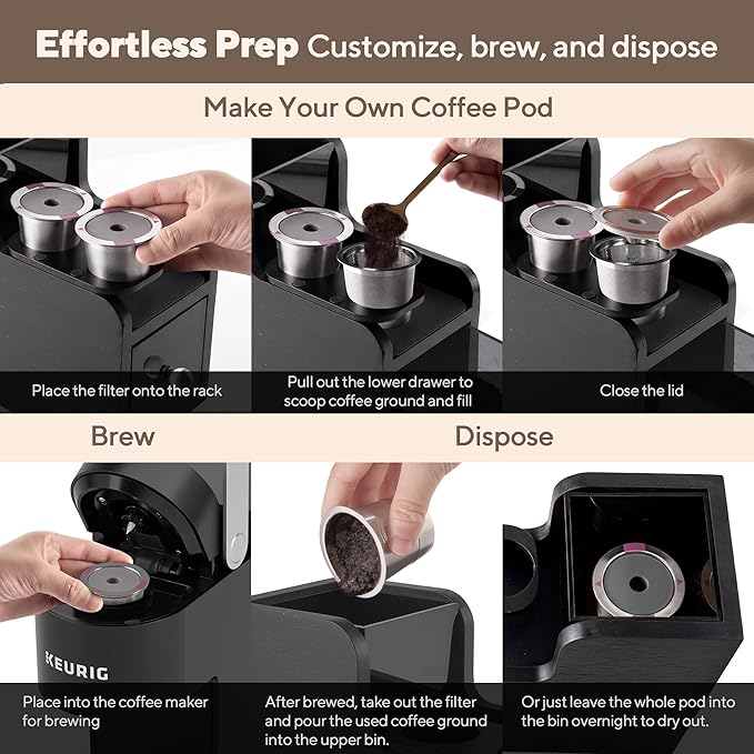 Coffee Pod Maker Stand, Solid Wood Reusable K-Cup Filter Holder & Filling Station with Coffee Ground Storage Drawer & Waste Bin, Countertop Wood Coffee Bar Organizer, Easy Daily Refill (Black)
