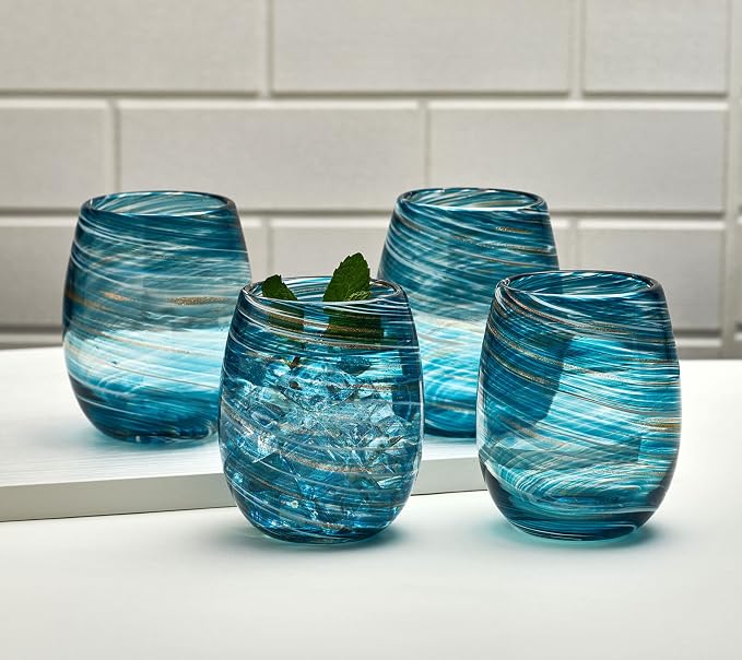 Mikasa Color Swirl Stemless Wine Glass, 4 Count (Pack of 1), Blue