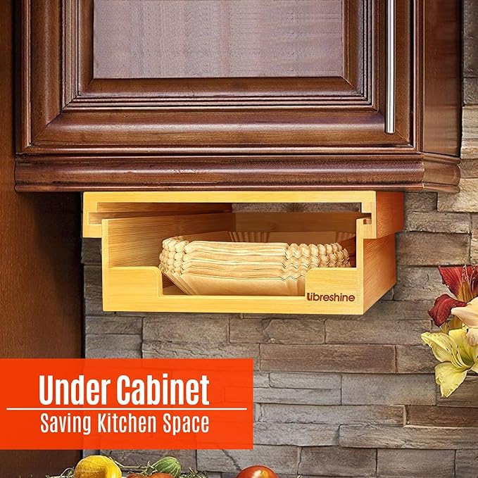 Libreshine Bamboo Kitchen Organizer - 6/8/9 Inch Air Fryer Liner Dispenser, 8/9/10 Inch Paper Plate Holder Under Cabinet, Vertical Storage Rack for Countertop & Shelf