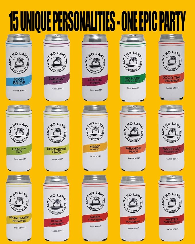 Funky Junque Bachelorette Party Favors Slim Can Cooler, Funny Bridesmaid & Bride Gifts for Girls Trip, Bridal Shower Decorations & Accessories, 12 oz Skinny Can Covers - Ain't No Laws - 15 Pack
