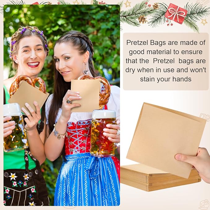 Colarr 1000 Pcs Soft Pretzel Bags 6.69 x 7.09 Inch Pretzels Individual Bags Grease Resistant Double Open Paper Sandwich Wrapper Holder for Concession Stands Food Snack Cookie, Brown