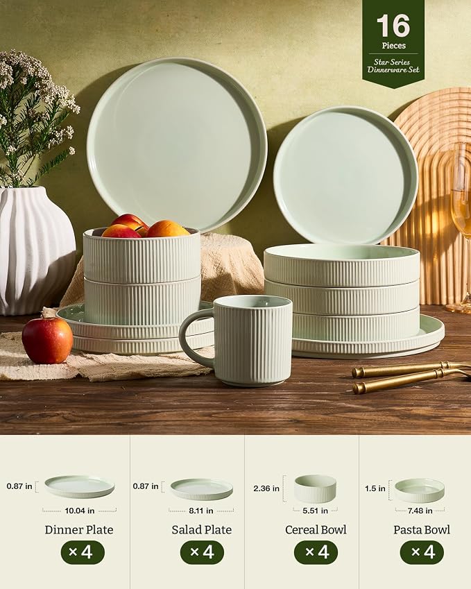 Famiware Star 16-Piece Stoneware Dinnerware Set for 4 – Shallow Pasta Bowls & Flat Plates – Modern Rustic Dishes, Everyday & Formal Use – Chip & Scratch Resistant, Microwave & Dishwasher Safe, Green