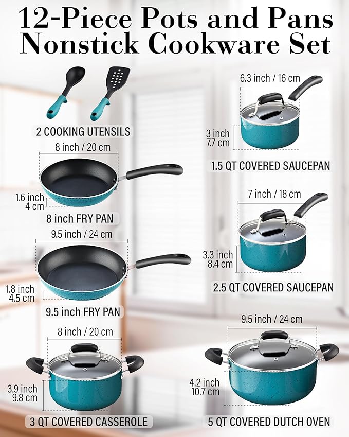 Cook N Home Professional Pots and Pans Nonstick Cookware Set, Kitchen Cooking Set with Frying Pans and Saucepans, Induction Compatible, 12-Piece, Turquoise
