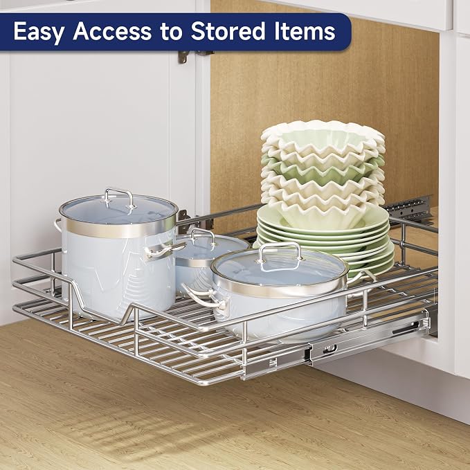 Pull Out Cabinet Organizer, 25.5" W x 21.5" D, Heavy Duty Chrome Slide Out Shelf for Wide Base Cabinets, Sliding Wire Basket Drawer for Pots, Pans, Appliances & Pantry Storage