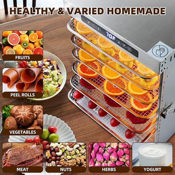 Food-Dehydrator Machine 9 Stainless Steel Trays, 1000W Fruit Dehydrator,7.7ft² Meat Dryer for Jerky,190ºF Temperature Control,24H Timer Dryer Machine for Herbs,Beef