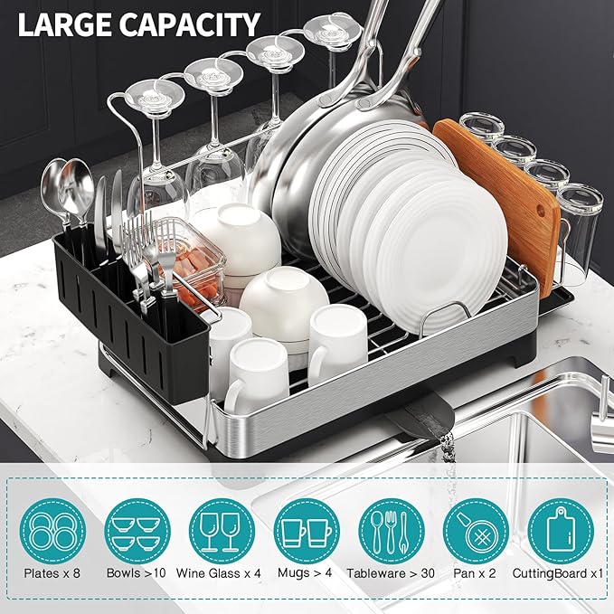 Urackify Dish Drying Rack for Kitchen Counter, 304 Stainless Steel Dish Rack, Multi-Function Dish Drainer with Wine Glass Holder, Large Dish Strainer with Cup Holder, Cutlery Holder, Large Size