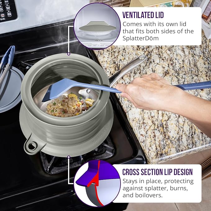 L.I.Q Silicone Splatter Guard – Fits 8 and 10 Inch Pots (20 and 25 Centimeters) – Microwave Safe and Durable SplatterDom - Includes 8” Lid - Food and Oil Splash Guard (Smoke, Small)