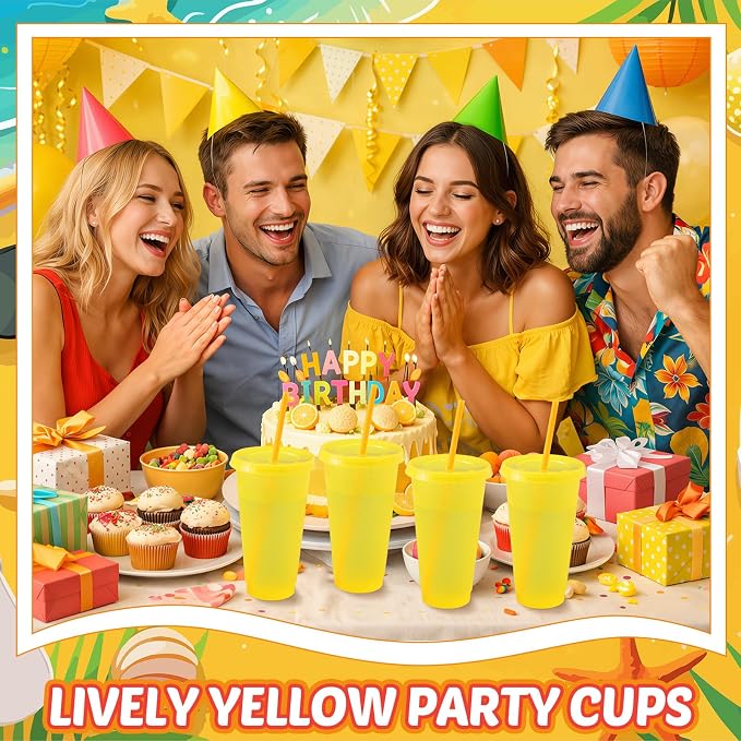 Honeydak 15 Pack Tumbler with Straw and Lid Bulk Cups for Gifts Glitter Plastic Coffee Cups 24-27 oz Reusable Water Bottle Iced Coffee Travel Mug Party Favors for Birthdays Travel (Yellow)
