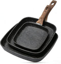 Simple Deluxe 3 Pieces Nonstick Grill Pan Set, Square Versatile Griddle Pans with Wooden Handle, Durable Skillet Indoor & Outdoor Use, All Stovetops Compatible(9.5", 10.2", 11"), PFOA Free, Black