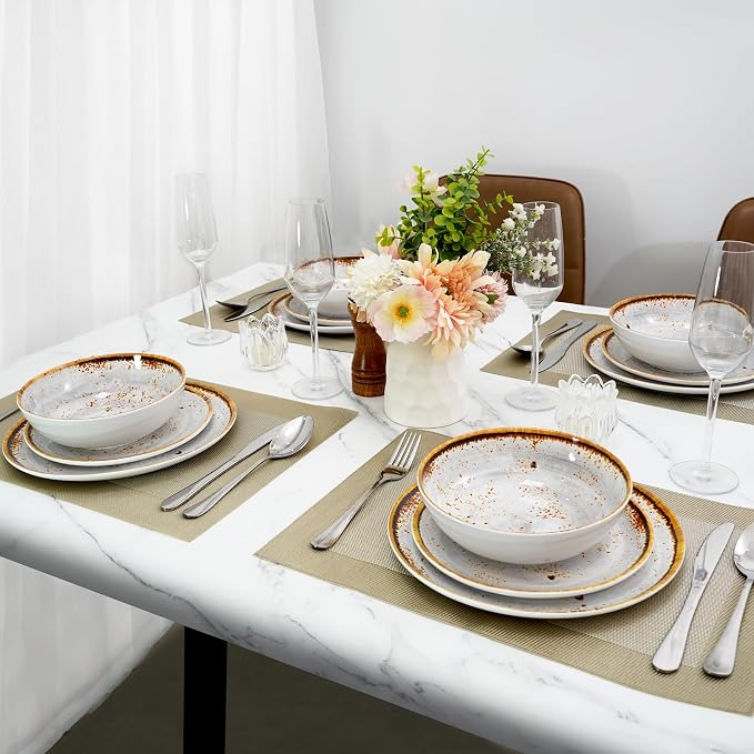TP 12-Piece Melamine Dinnerware Sets, Plates and Bowls Dishes Set for 4, Break-Resistant & Non-Microwavable, Lightweight Dinner Plates, Grey Swirl