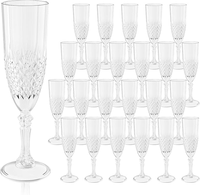 Plastic Champagne Flutes, Champagne Glasses Bulk, Reusable Unbreakable Acrylic Wine Glasses Goblets for Weddings Bachelor Parties Toasting Bridal Shower (24,Transparent)