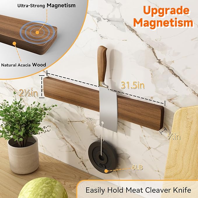 Magnetic Knife Holder for Wall, Acacia Wood Knife Magnetic Strip No Drill Knife Magnet Storage Bar Magnetic Tool Key Holder Strip for Kitchen Utensil Organizer (Dark Brown, 24 Inch)