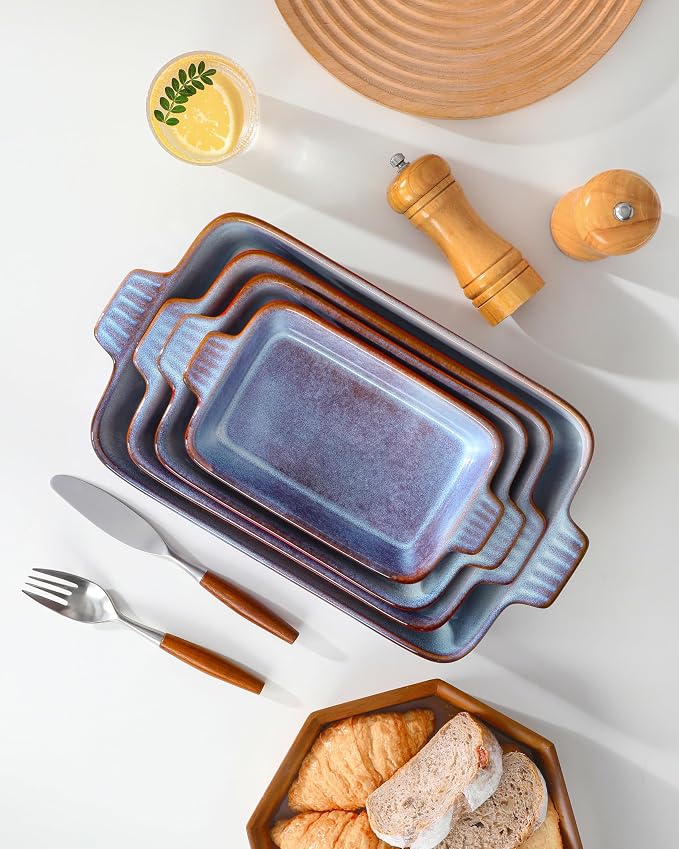 vancasso Ceramic Casserole Dishes for Oven, Reactive Glaze Bakeware Set of 4, Deep Rectangular Baking Dishes with Handles, Lasagna Pan Set, Microwave & Dishwasher Safe, Gradient Red & Blue (9.4"/11.1"/12.2"/14.7")
