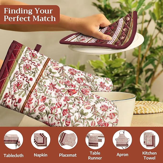 Maison d' Hermine Oven Gloves 100% Cotton Oven Mitt 7" x 13" with Loop Heat Resistant Cooking Gloves for Thanksgiving Christmas Decorations Baking Handling Hot Pans (Pack of 1, Reveillon Au Jardin)